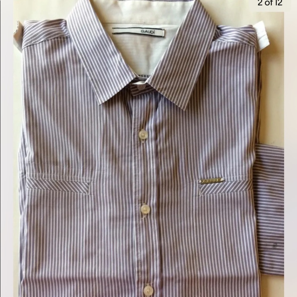 Gaudi Men Dress Shirt Gray White Striped Large Long Sleeve Cotton